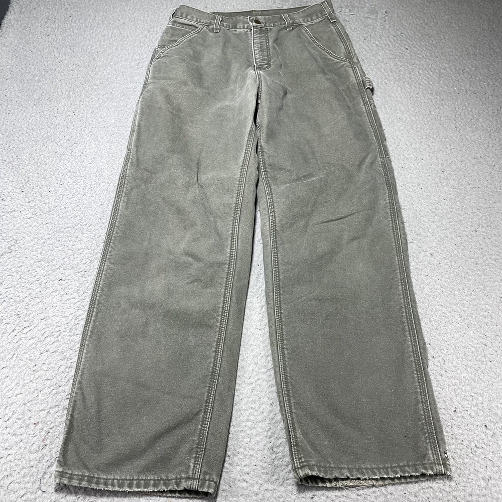 Carhartt Pants Mens 30x30 Green Flannel Lined Canvas Carpenter Relaxed Workwear - Picture 2 of 14